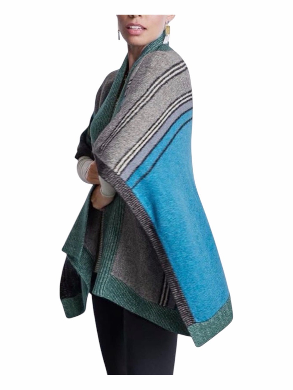 CAbi Windchill Teal Wrap Poncho Sweater Gray, Blue & Green Oversized XS-Small